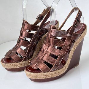 Christian Louboutin Bronze Barcelona Leather Espadrille Wedge Sandals Size EU 39